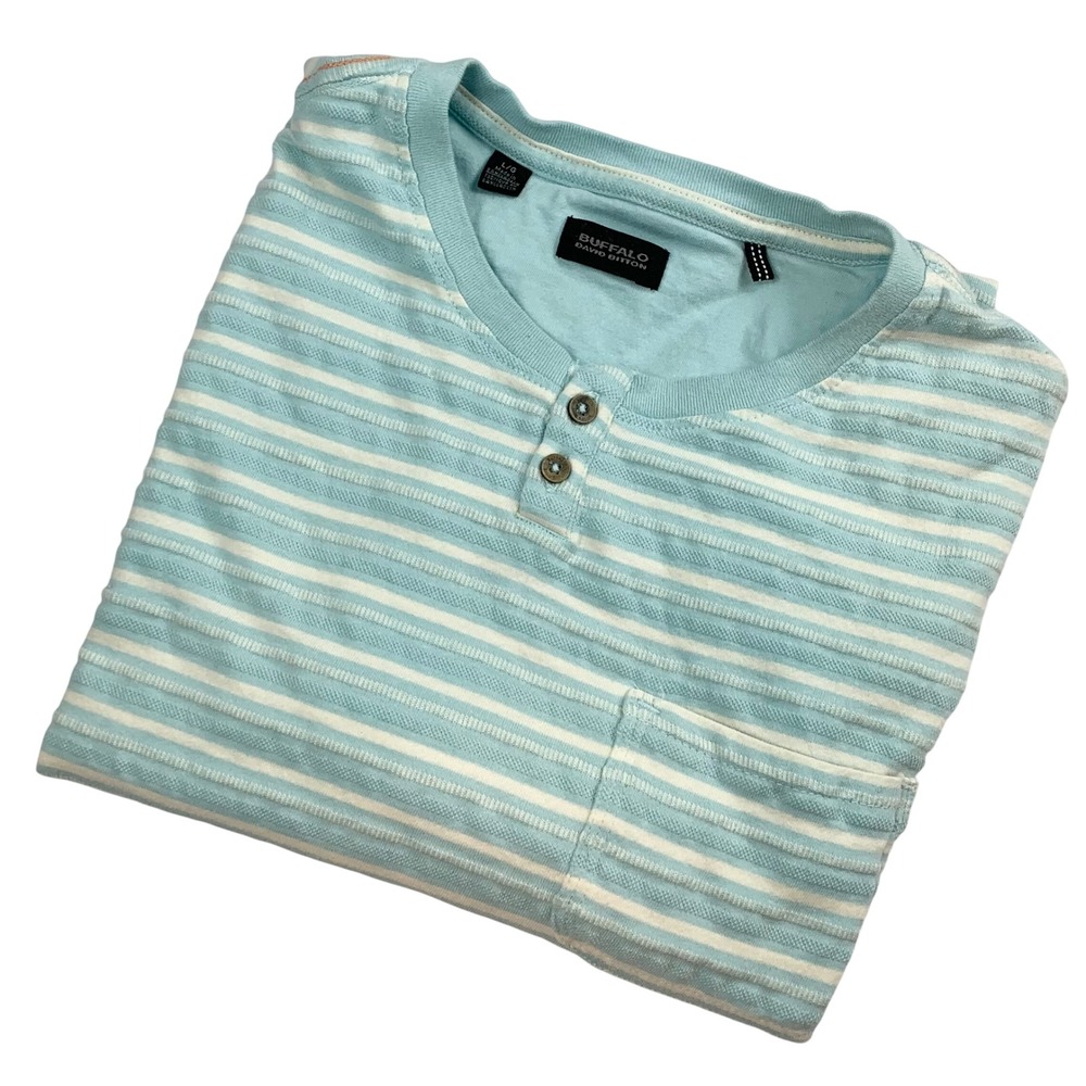 Buffalo David Bitton Mens Blue White Striped Henley Shirt Large Short Sleeve L